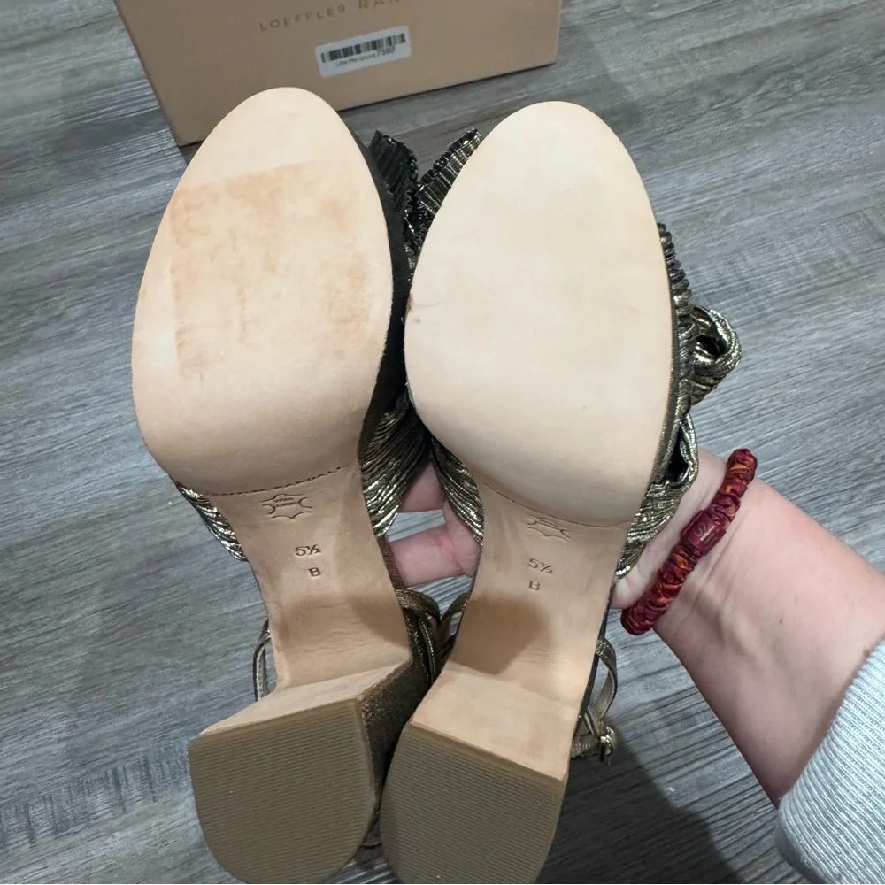 Loeffler Randall Natalia Fabric Pleated Bow Gold Platform Sandal Heels
